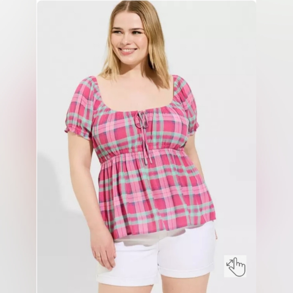 NWT Torrid 4X(26W) Babydoll Crinkle Gauze Tie Front Puff Sleeve Top-Pi…